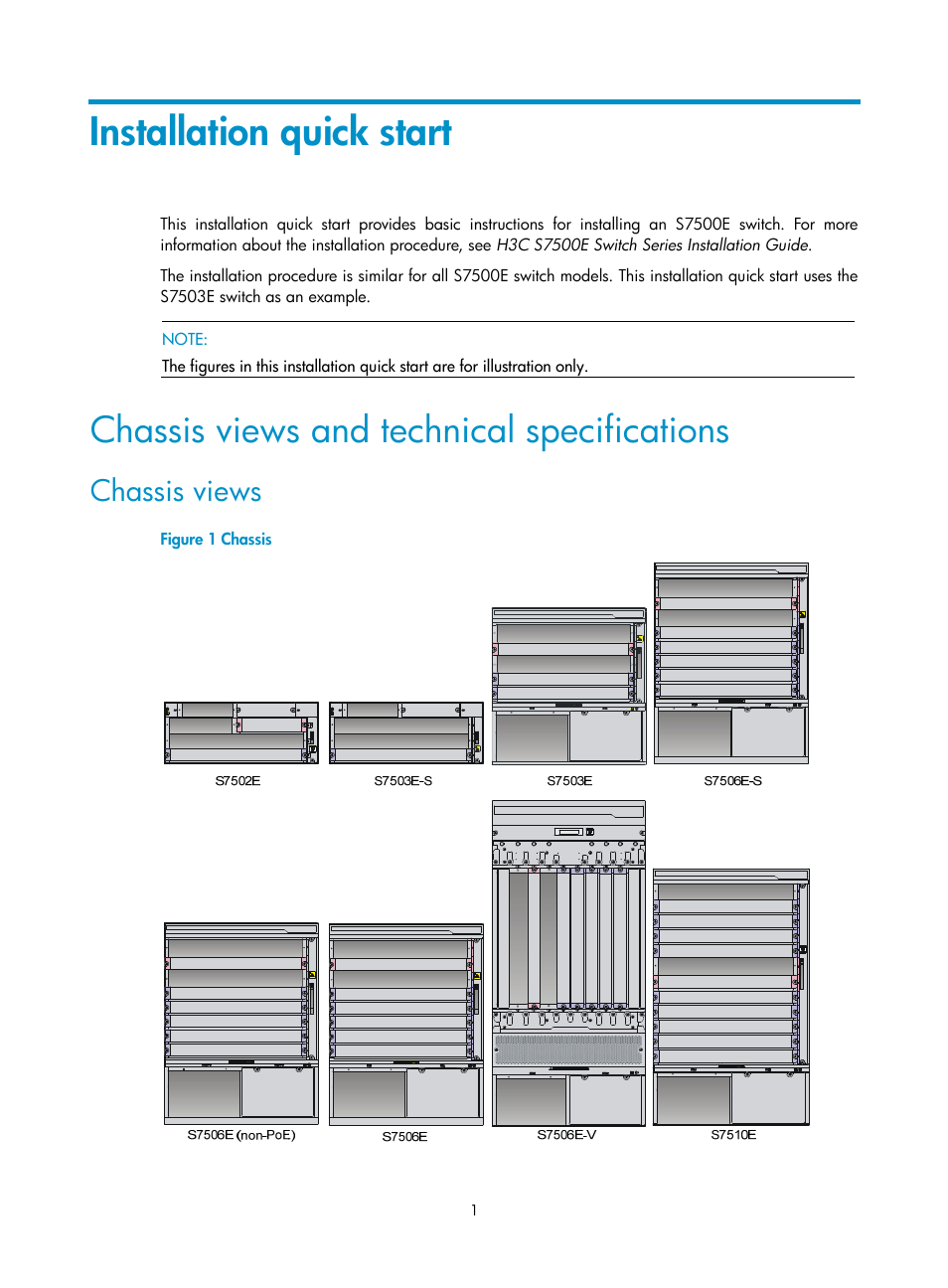 Installation quick start, Chassis views and technical specifications, Chassis views | H3C Technologies H3C S7500E Series Switches User Manual | Page 4 / 25