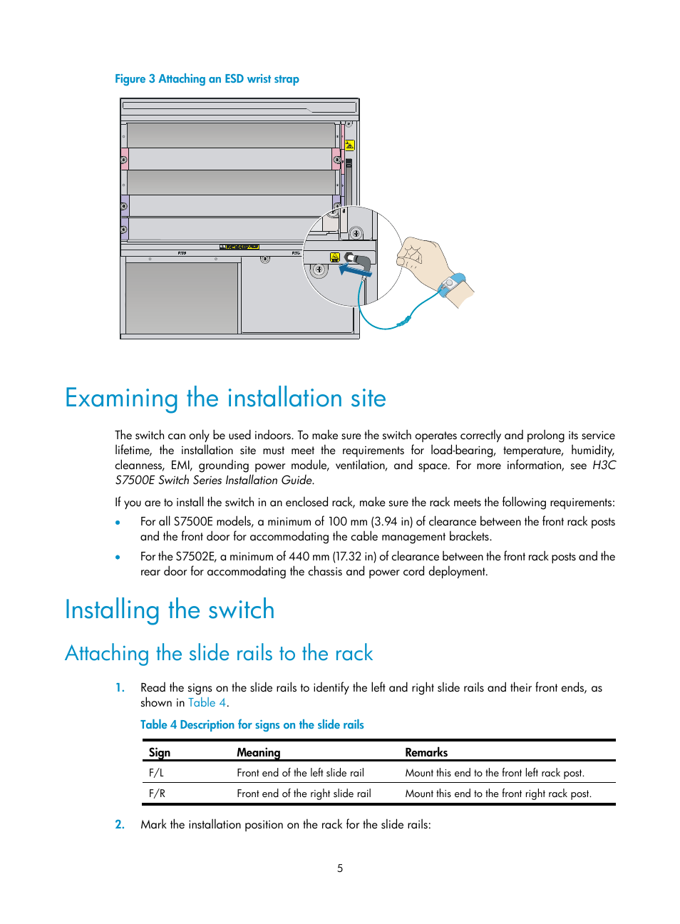 Examining the installation site, Installing the switch, Attaching the slide rails to the rack | H3C Technologies H3C S7500E Series Switches User Manual | Page 8 / 25