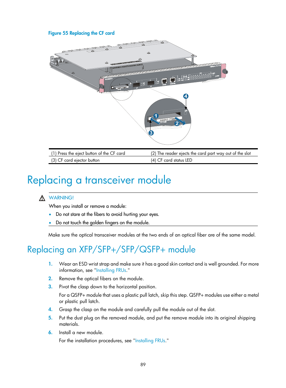 Replacing a transceiver module, Replacing an xfp/sfp+/sfp/qsfp+ module, Figure 55 | H3C Technologies H3C S7500E Series Switches User Manual | Page 100 / 165