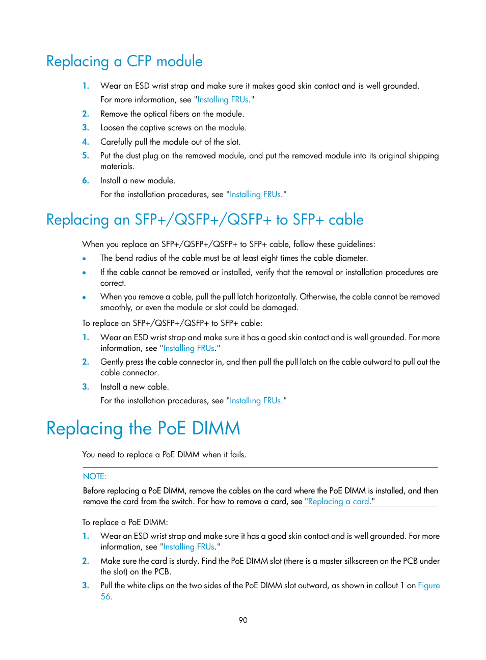 Replacing a cfp module, Replacing an sfp+/qsfp+/qsfp+ to sfp+ cable, Replacing the poe dimm | H3C Technologies H3C S7500E Series Switches User Manual | Page 101 / 165