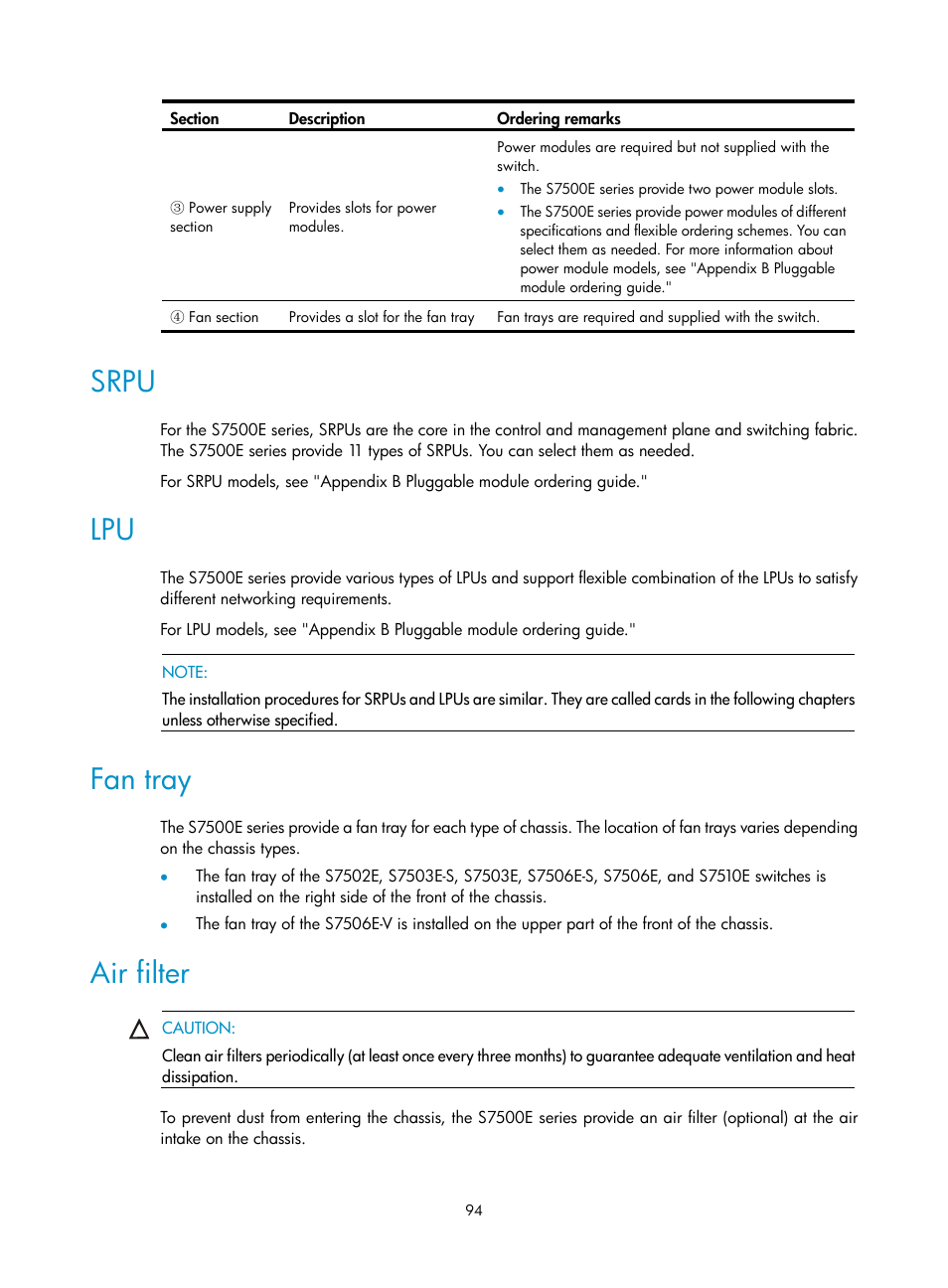 Srpu, Fan tray, Air filter | H3C Technologies H3C S7500E Series Switches User Manual | Page 105 / 165