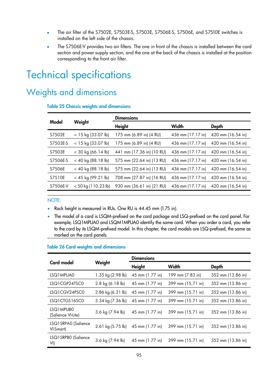 Technical specifications, Weights and dimensions | H3C Technologies H3C S7500E Series Switches User Manual | Page 106 / 165