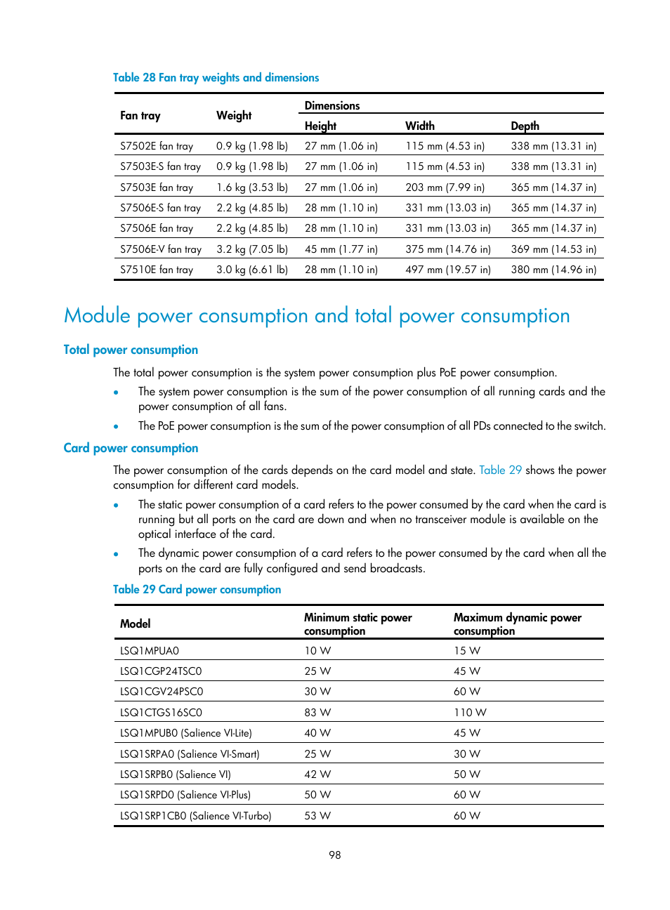 Total power consumption, Card power consumption | H3C Technologies H3C S7500E Series Switches User Manual | Page 109 / 165