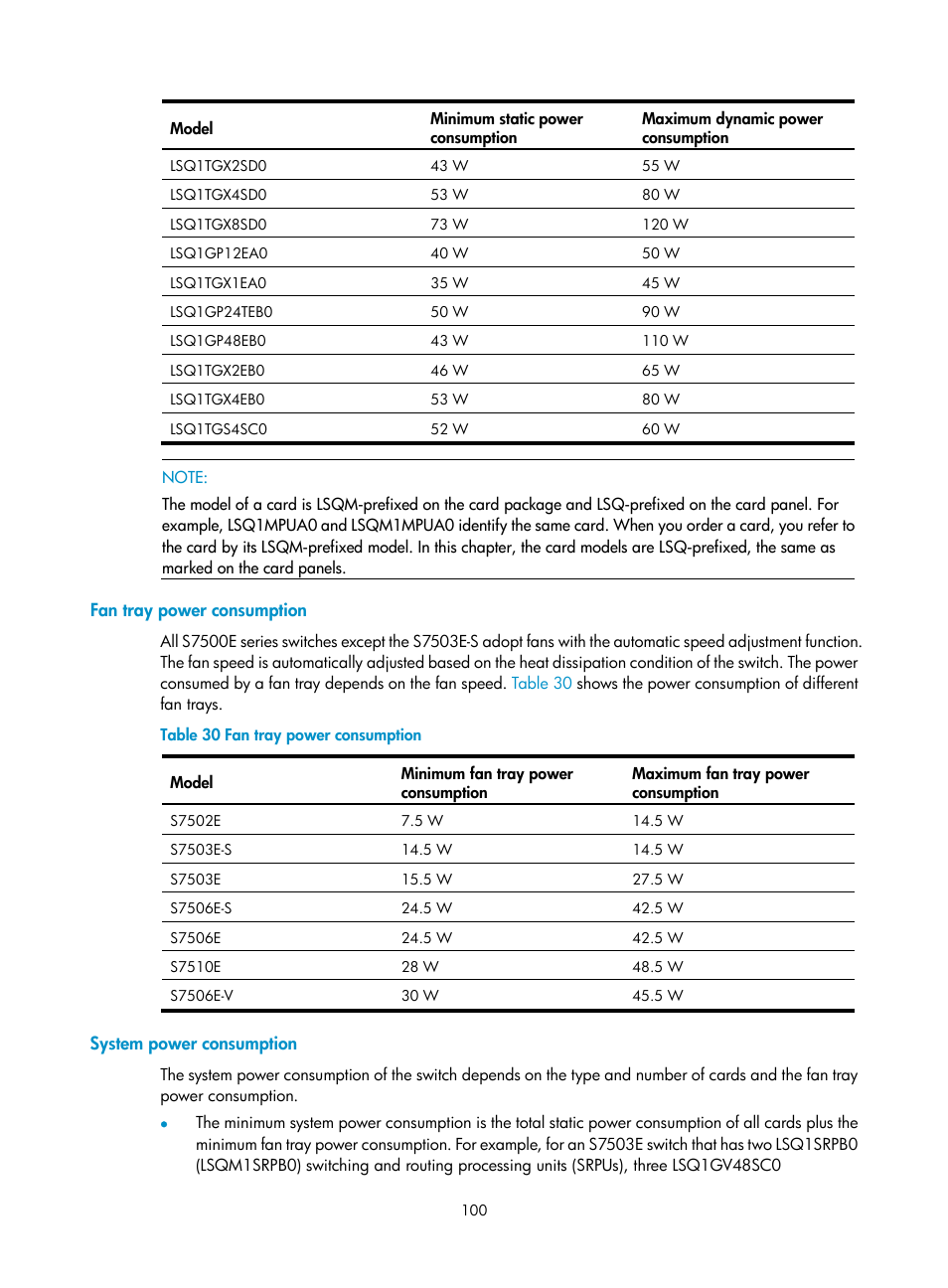 Fan tray power consumption, System power consumption | H3C Technologies H3C S7500E Series Switches User Manual | Page 111 / 165