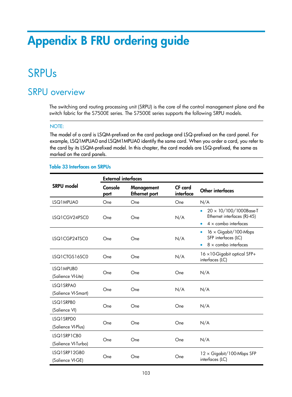 Appendix b fru ordering guide, Srpus, Srpu overview | H3C Technologies H3C S7500E Series Switches User Manual | Page 114 / 165