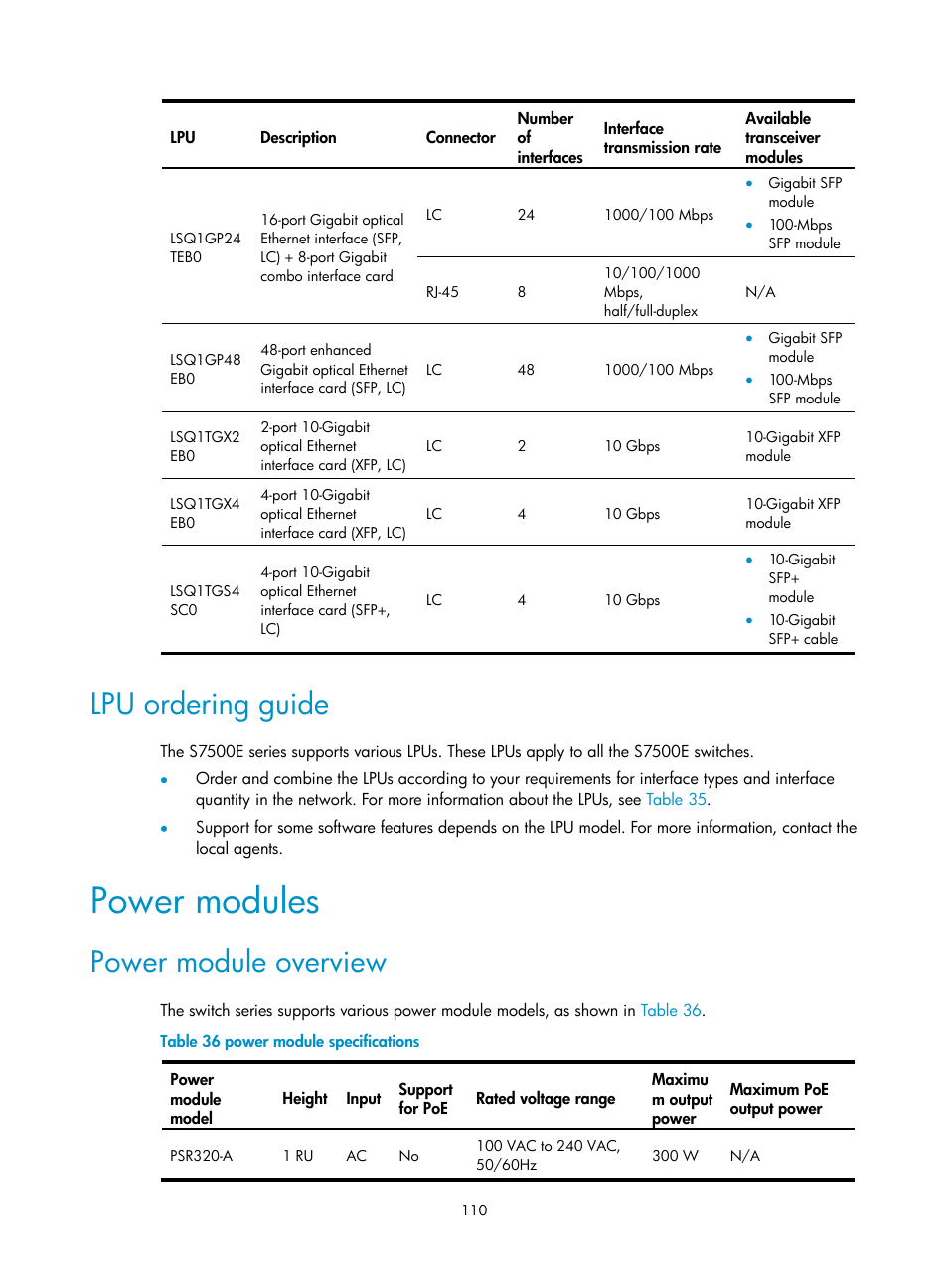 Lpu ordering guide, Power modules, Power module overview | H3C Technologies H3C S7500E Series Switches User Manual | Page 121 / 165