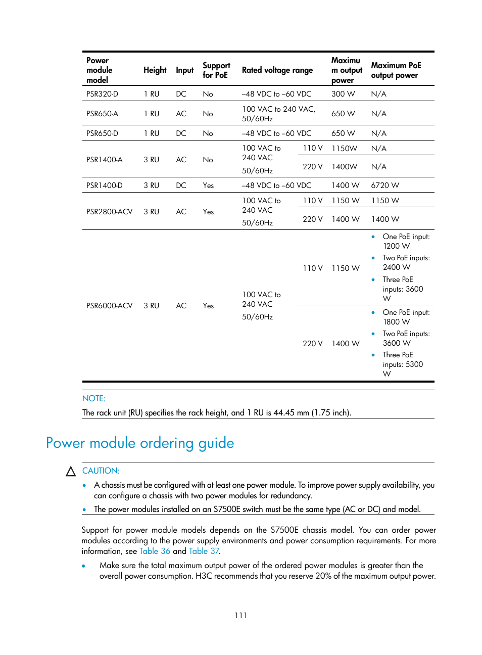 Power module ordering guide | H3C Technologies H3C S7500E Series Switches User Manual | Page 122 / 165