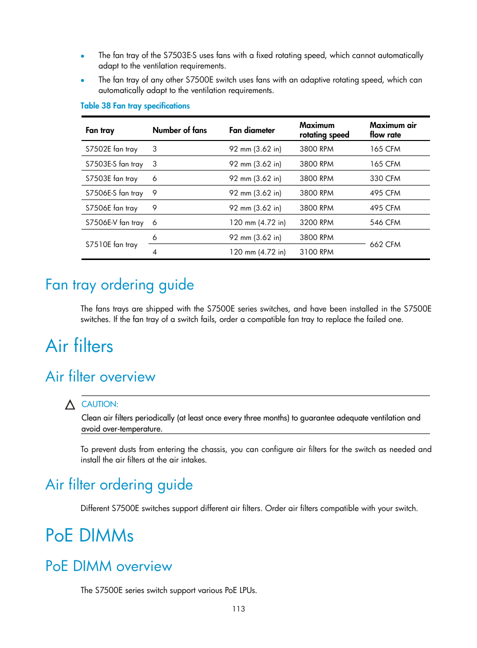 Fan tray ordering guide, Air filters, Air filter overview | Air filter ordering guide, Poe dimms, Poe dimm overview | H3C Technologies H3C S7500E Series Switches User Manual | Page 124 / 165