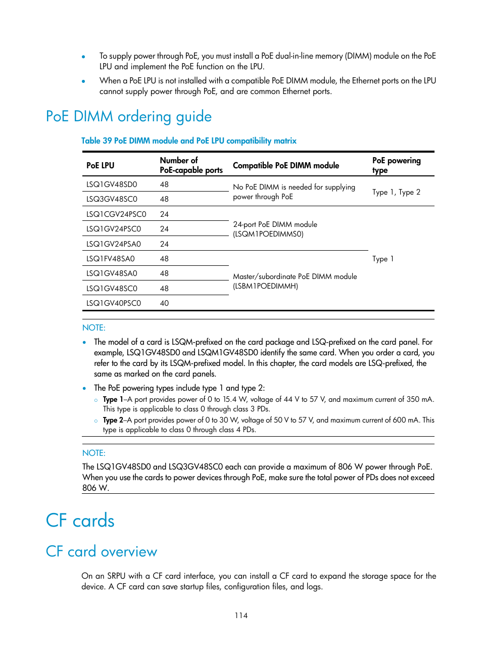 Poe dimm ordering guide, Cf cards, Cf card overview | H3C Technologies H3C S7500E Series Switches User Manual | Page 125 / 165