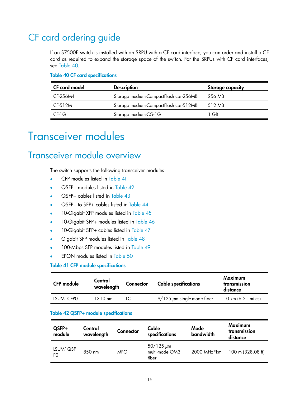 Cf card ordering guide, Transceiver modules, Transceiver module overview | H3C Technologies H3C S7500E Series Switches User Manual | Page 126 / 165