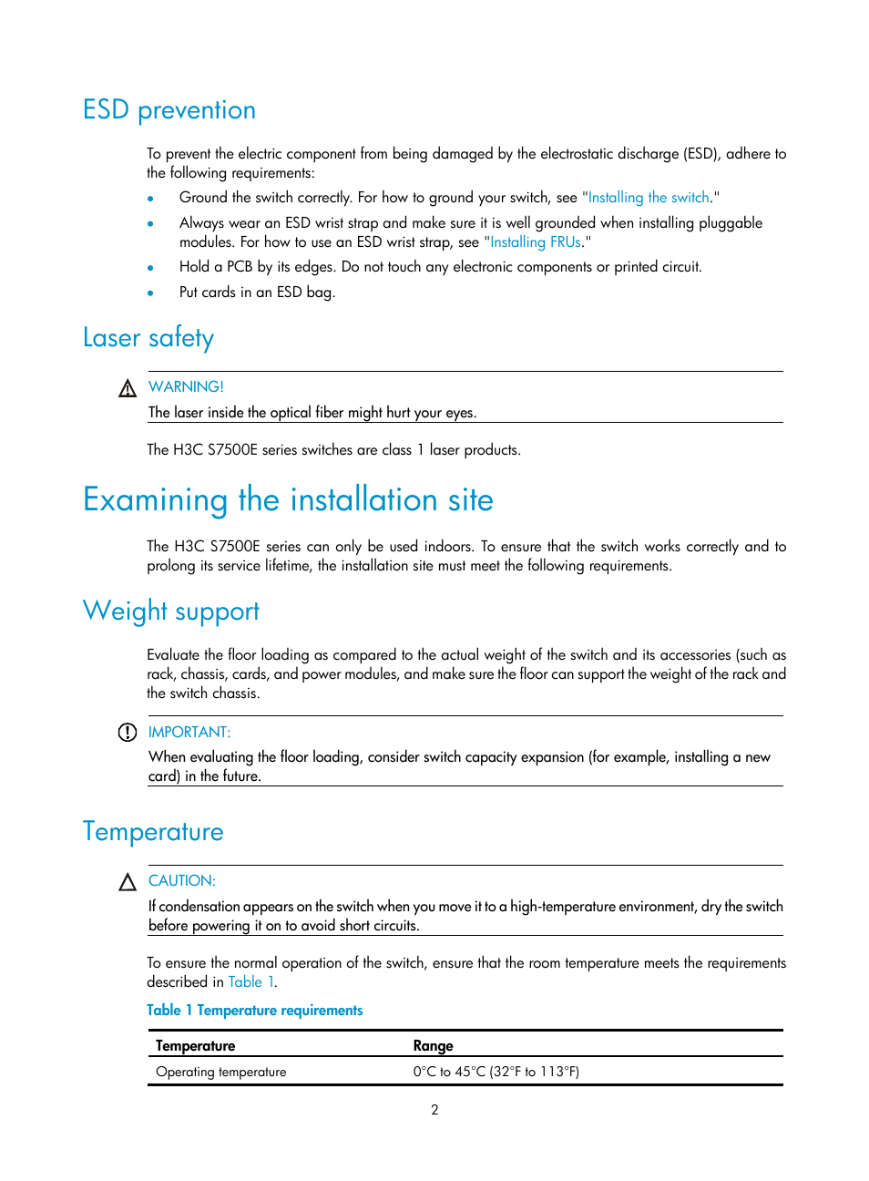 Esd prevention, Laser safety, Examining the installation site | Weight support, Temperature | H3C Technologies H3C S7500E Series Switches User Manual | Page 13 / 165