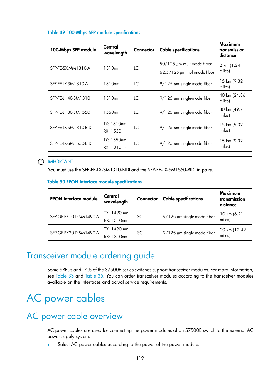 Transceiver module ordering guide, Ac power cables, Ac power cable overview | Table 49, Ed in, Table 50 | H3C Technologies H3C S7500E Series Switches User Manual | Page 130 / 165
