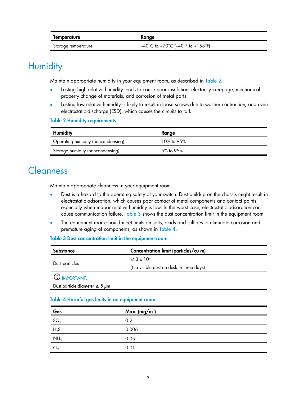Humidity, Cleanness | H3C Technologies H3C S7500E Series Switches User Manual | Page 14 / 165