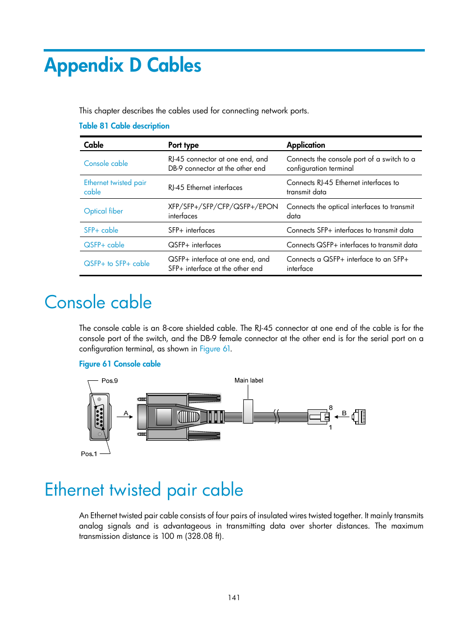 Appendix d cables, Console cable, Ethernet twisted pair cable | Appendix d, Cables | H3C Technologies H3C S7500E Series Switches User Manual | Page 152 / 165