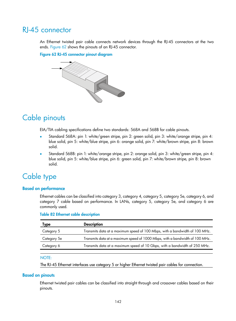 Rj-45 connector, Cable pinouts, Cable type | Based on performance, Based on pinouts | H3C Technologies H3C S7500E Series Switches User Manual | Page 153 / 165