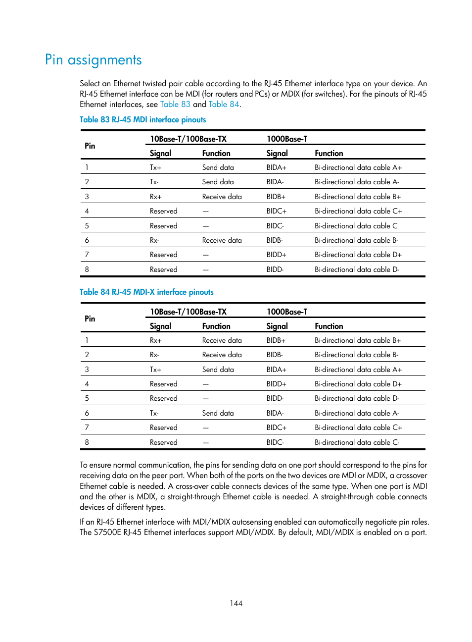 Pin assignments | H3C Technologies H3C S7500E Series Switches User Manual | Page 155 / 165
