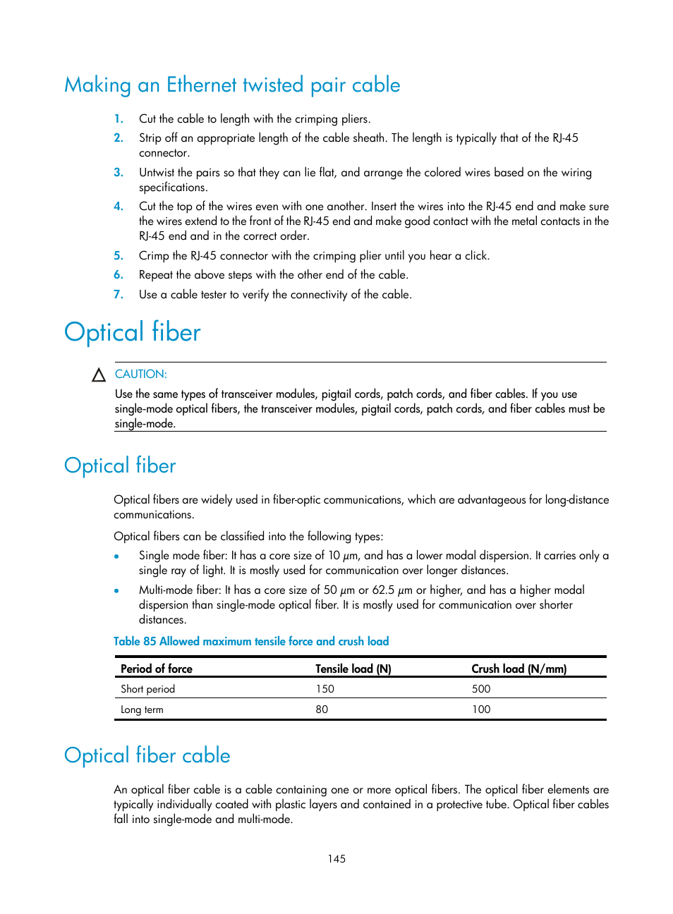 Making an ethernet twisted pair cable, Optical fiber, Optical fiber cable | H3C Technologies H3C S7500E Series Switches User Manual | Page 156 / 165
