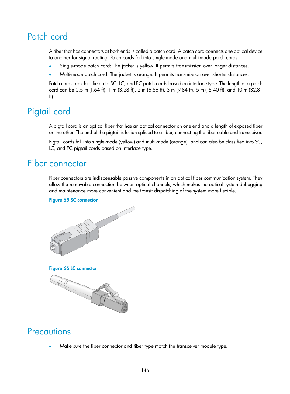 Patch cord, Pigtail cord, Fiber connector | Precautions | H3C Technologies H3C S7500E Series Switches User Manual | Page 157 / 165