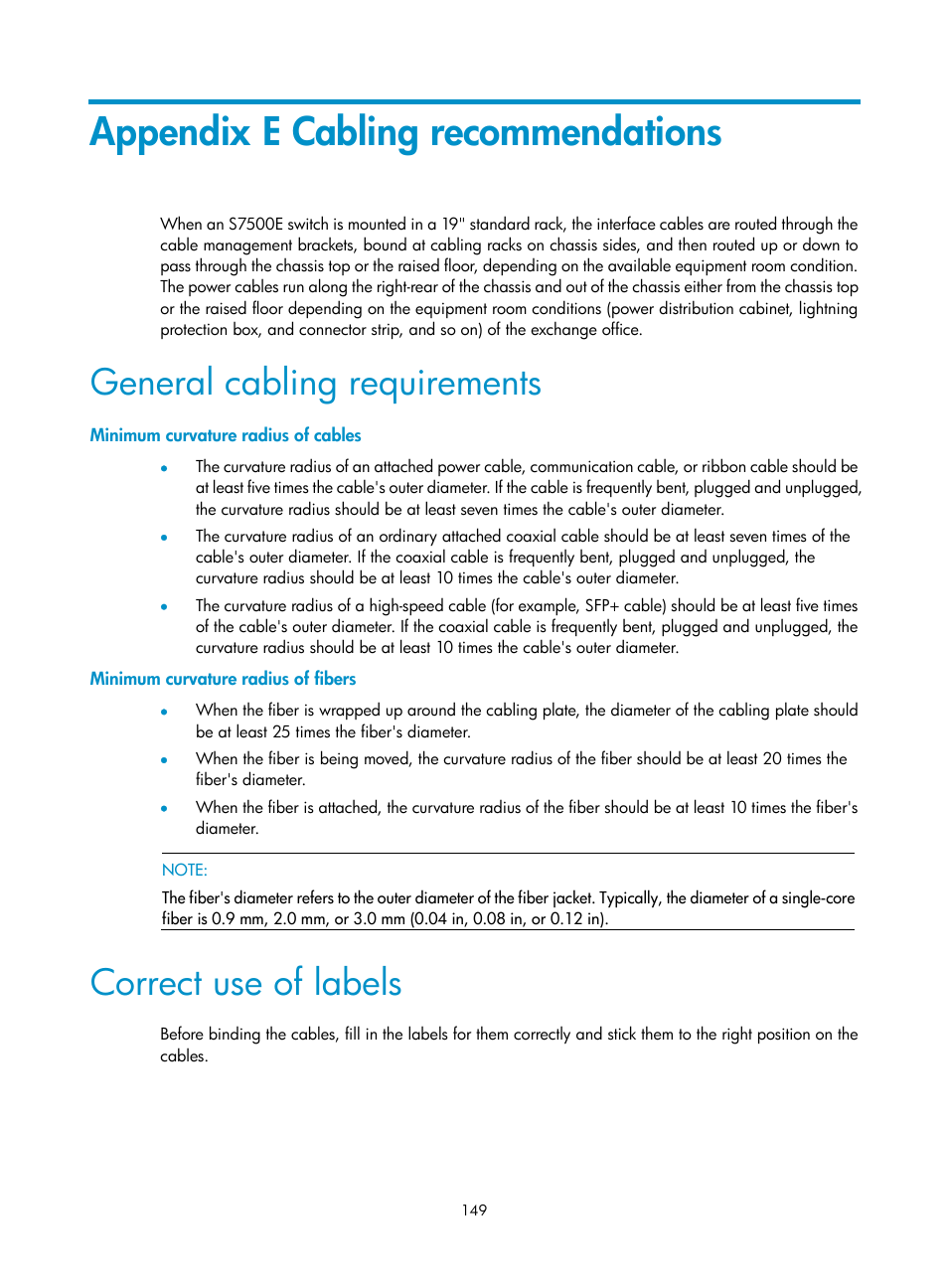 Appendix e cabling recommendations, General cabling requirements, Minimum curvature radius of cables | Minimum curvature radius of fibers, Correct use of labels | H3C Technologies H3C S7500E Series Switches User Manual | Page 160 / 165