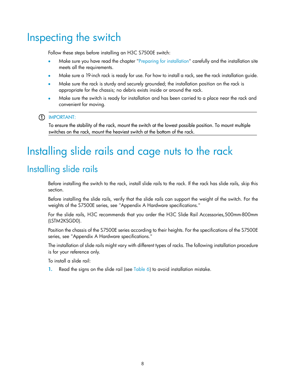 Inspecting the switch, Installing slide rails and cage nuts to the rack, Installing slide rails | H3C Technologies H3C S7500E Series Switches User Manual | Page 19 / 165