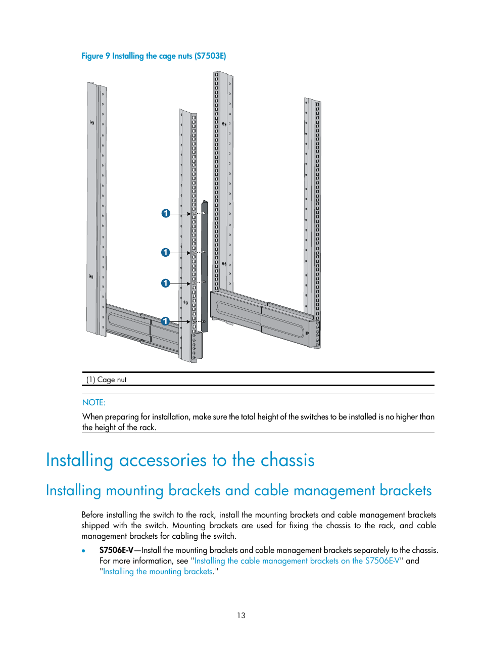 Installing accessories to the chassis, Installing, Mounting brackets and cable management brackets | H3C Technologies H3C S7500E Series Switches User Manual | Page 24 / 165