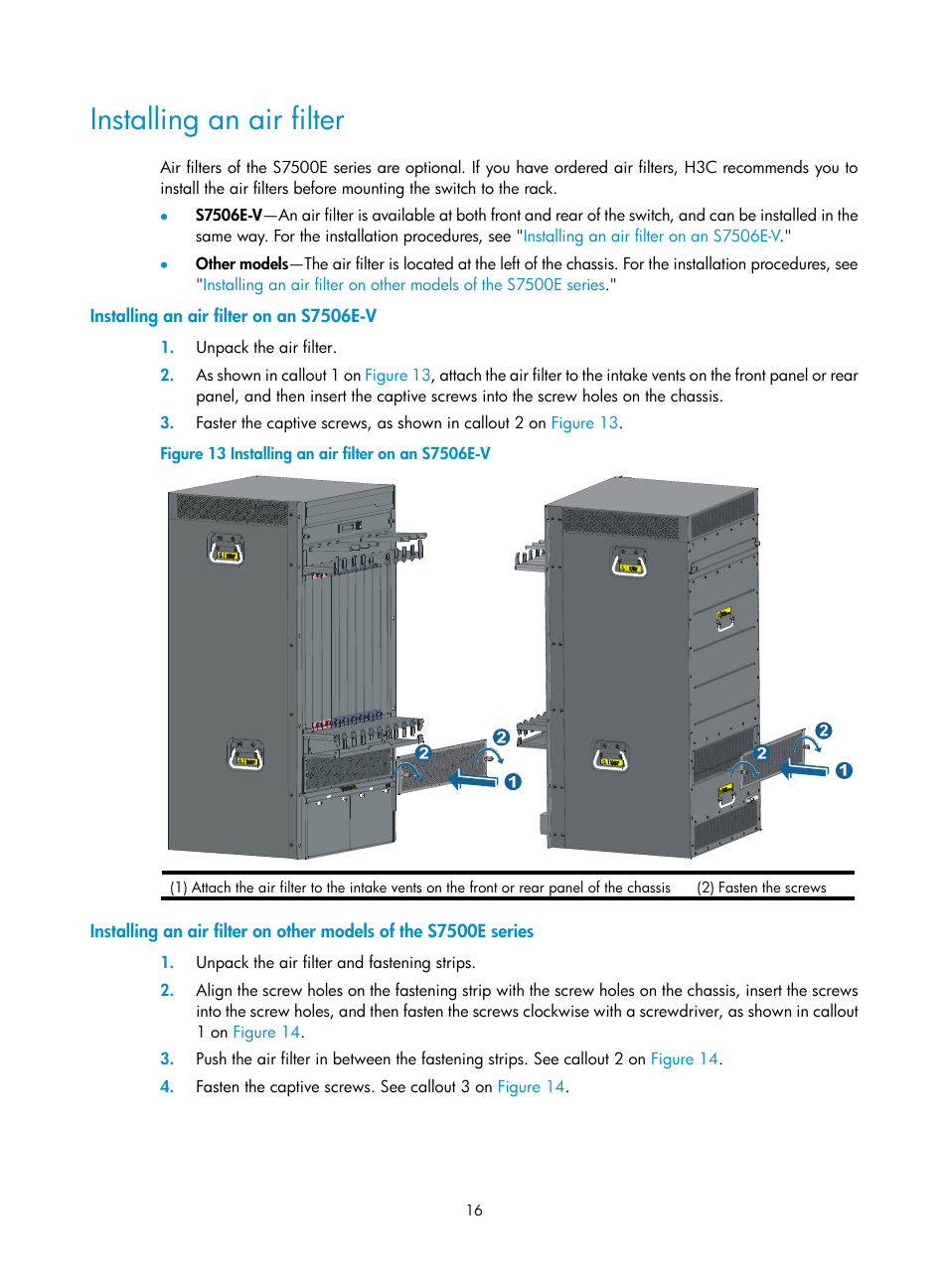 Installing an air filter, Installing an air filter on an s7506e-v | H3C Technologies H3C S7500E Series Switches User Manual | Page 27 / 165