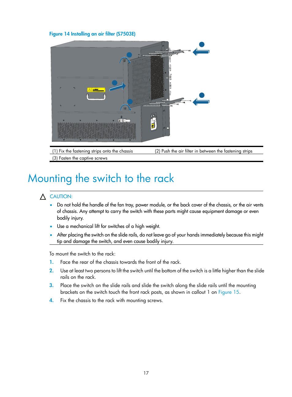 Mounting the switch to the rack, Figure 14, Callout 2 on | H3C Technologies H3C S7500E Series Switches User Manual | Page 28 / 165