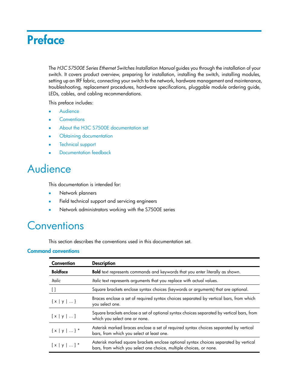 Preface, Audience, Conventions | Command conventions | H3C Technologies H3C S7500E Series Switches User Manual | Page 3 / 165