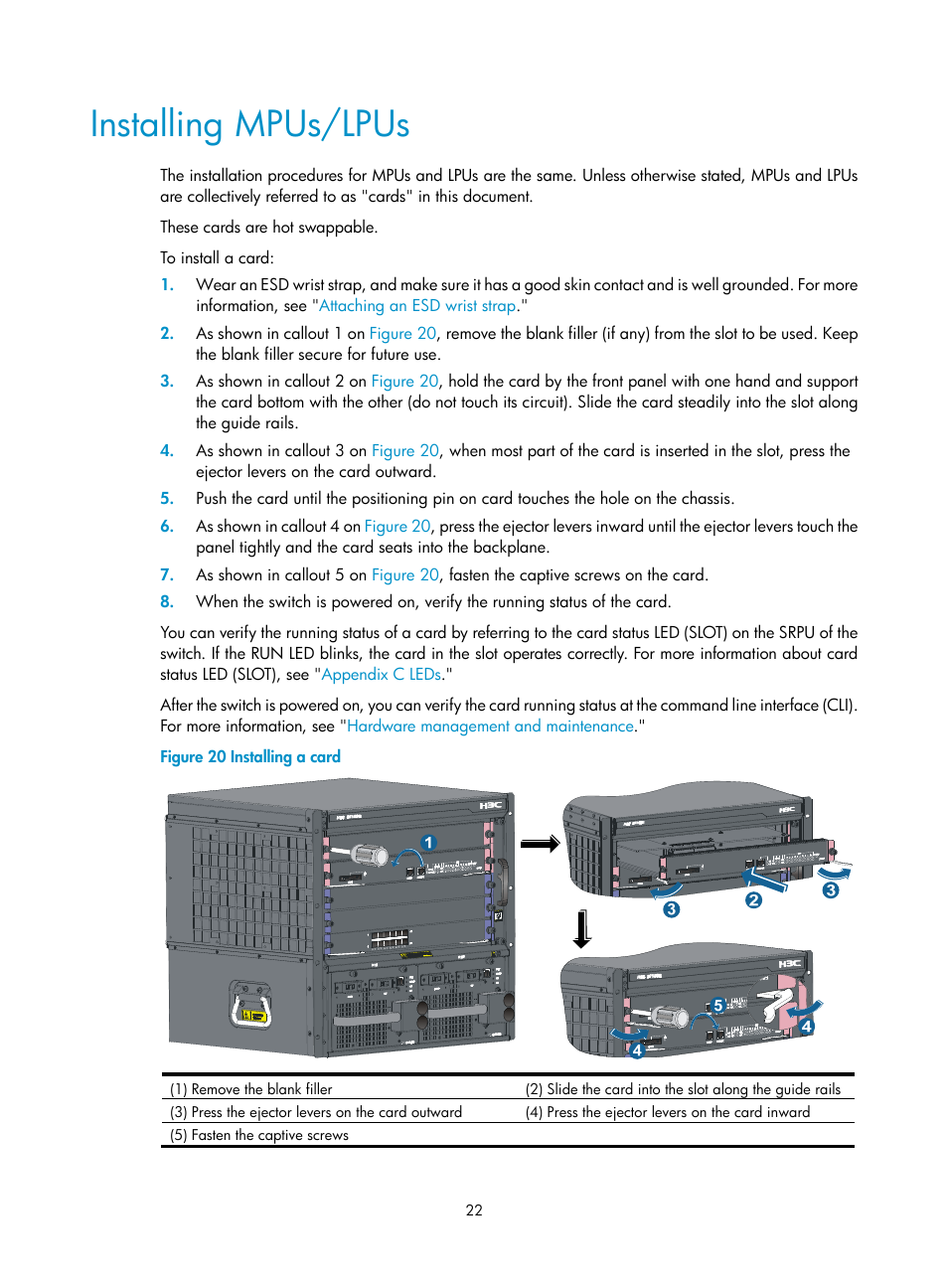 Installing mpus/lpus | H3C Technologies H3C S7500E Series Switches User Manual | Page 33 / 165