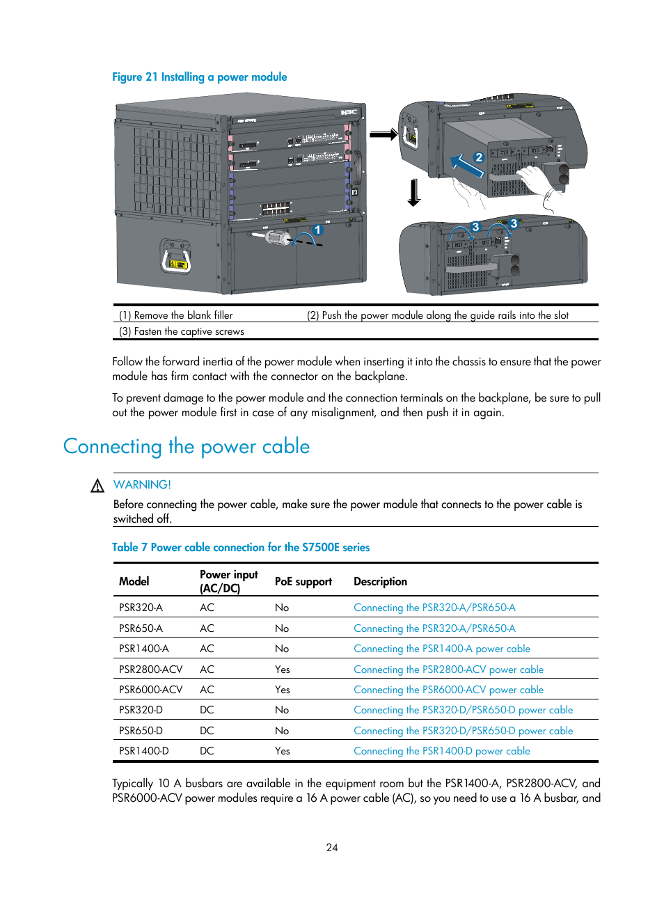 Connecting the power cable, Callout 1 on, Figure 21 | Gent, As shown in callout 3 on, Use a phillips scr | H3C Technologies H3C S7500E Series Switches User Manual | Page 35 / 165