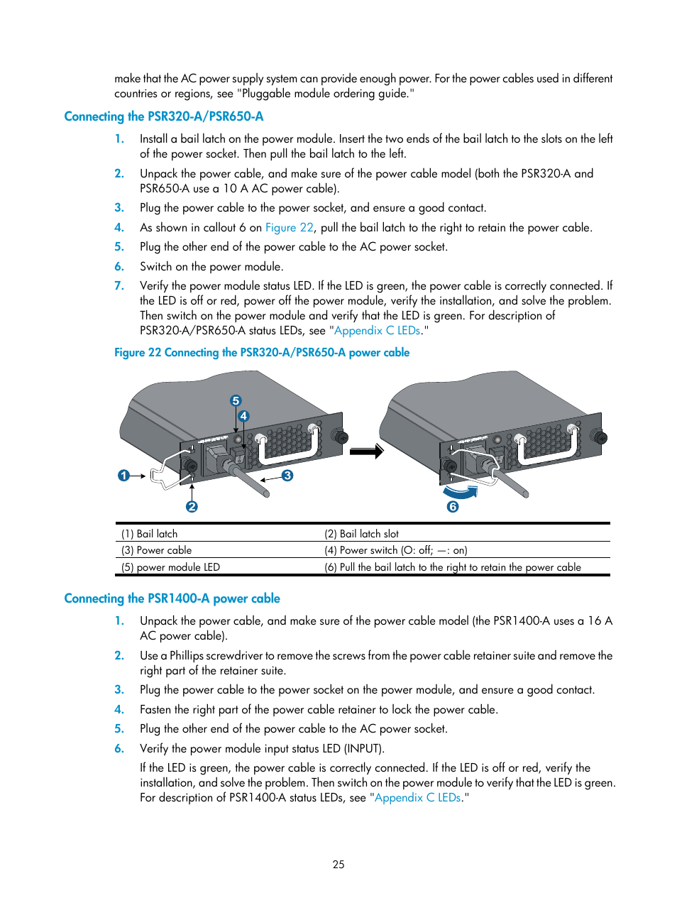 Connecting the psr320-a/psr650-a, Connecting the psr1400-a power cable | H3C Technologies H3C S7500E Series Switches User Manual | Page 36 / 165