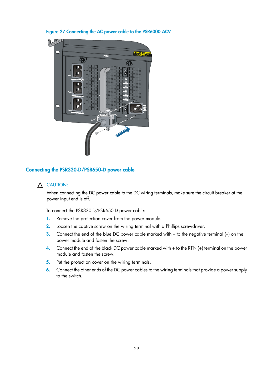 Connecting the psr320-d/psr650-d power cable | H3C Technologies H3C S7500E Series Switches User Manual | Page 40 / 165