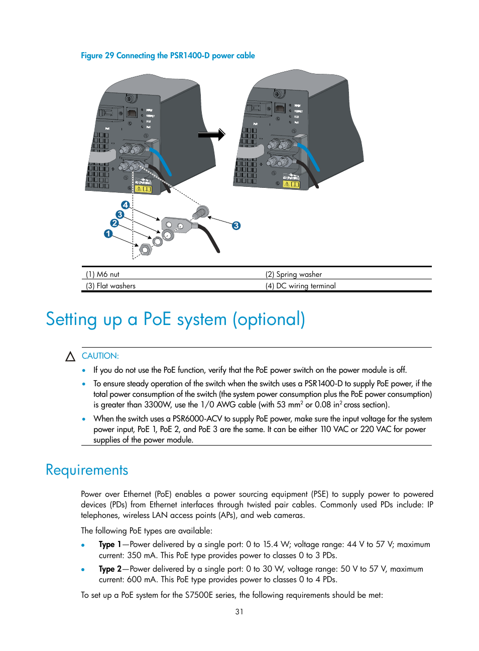 Setting up a poe system (optional), Requirements | H3C Technologies H3C S7500E Series Switches User Manual | Page 42 / 165