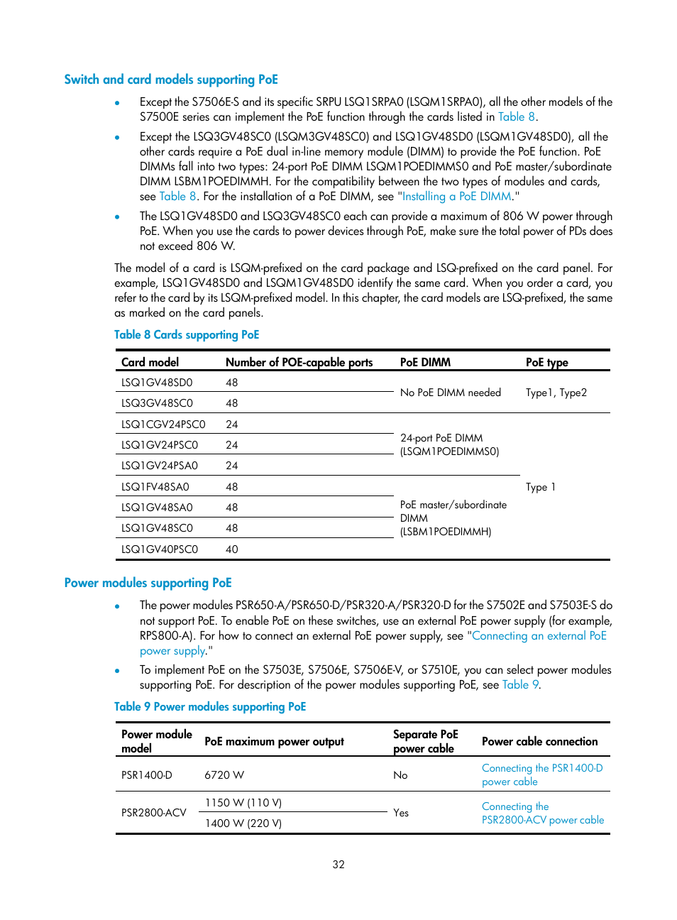 Switch and card models supporting poe, Power modules supporting poe | H3C Technologies H3C S7500E Series Switches User Manual | Page 43 / 165