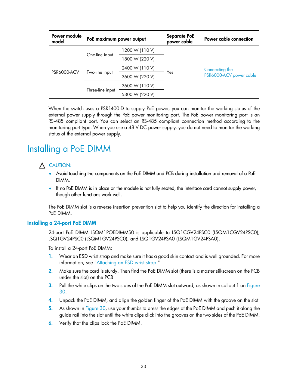 Installing a poe dimm, Installing a 24-port poe dimm | H3C Technologies H3C S7500E Series Switches User Manual | Page 44 / 165