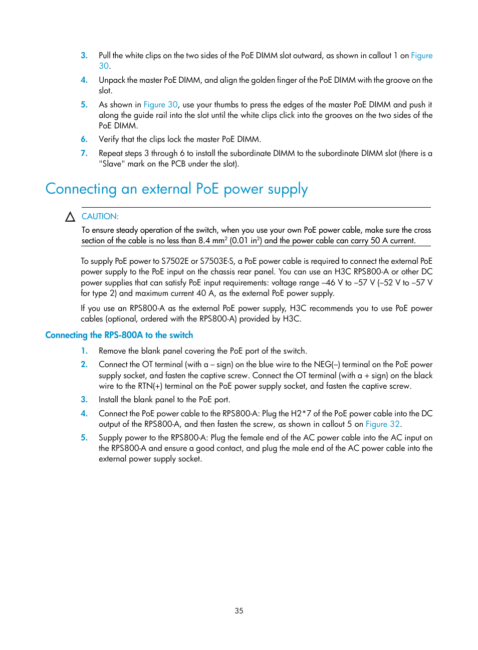 Connecting an external poe power supply, Connecting the rps-800a to the switch, Connecting an external poe | Power supply | H3C Technologies H3C S7500E Series Switches User Manual | Page 46 / 165
