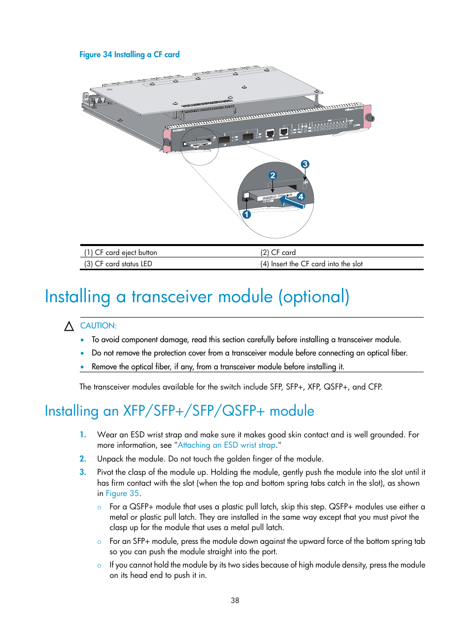 Installing a transceiver module (optional), Installing an xfp/sfp+/sfp/qsfp+ module, Figure 34 | H3C Technologies H3C S7500E Series Switches User Manual | Page 49 / 165