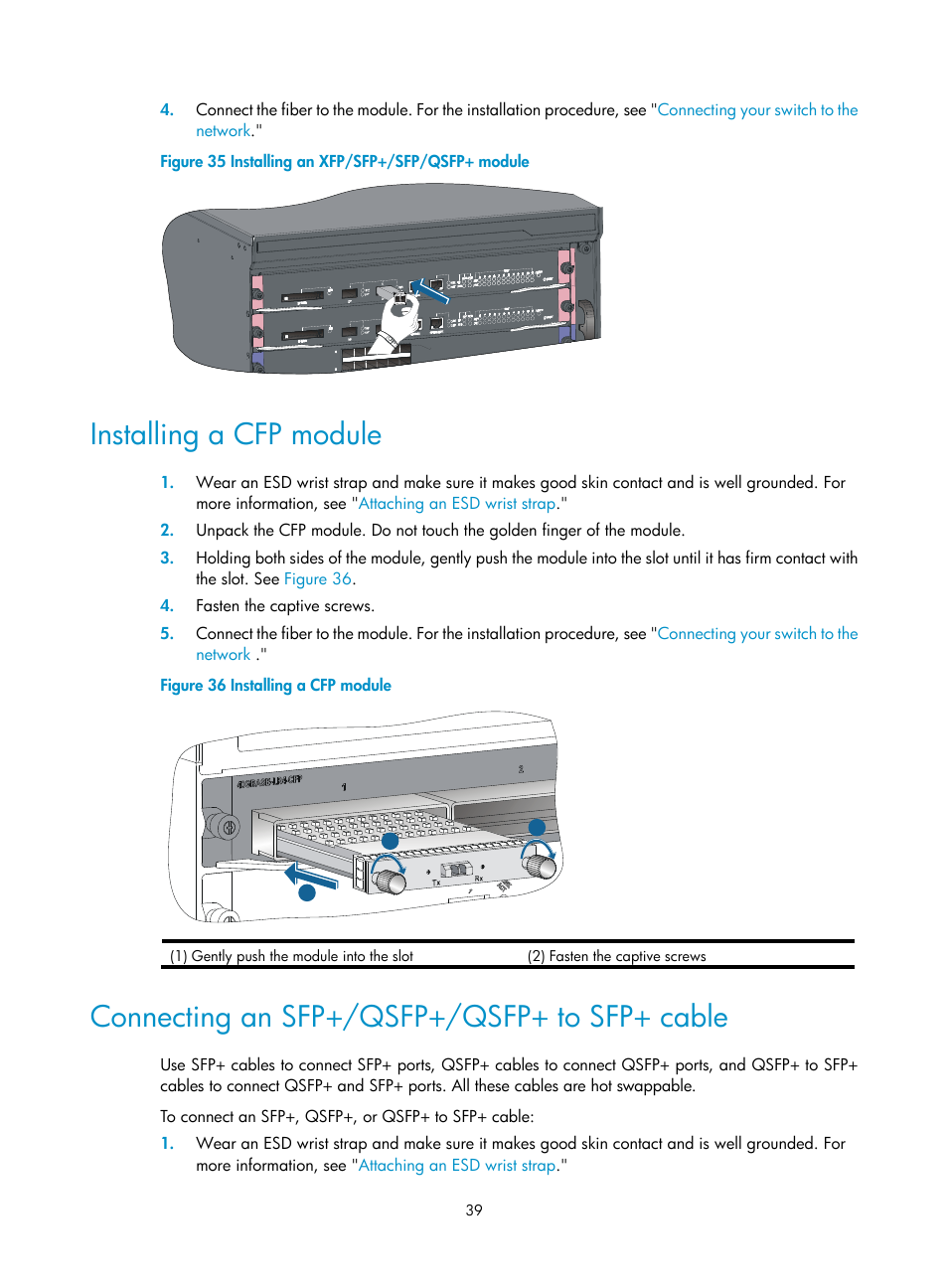 Installing a cfp module, Connecting an sfp+/qsfp+/qsfp+ to sfp+ cable | H3C Technologies H3C S7500E Series Switches User Manual | Page 50 / 165