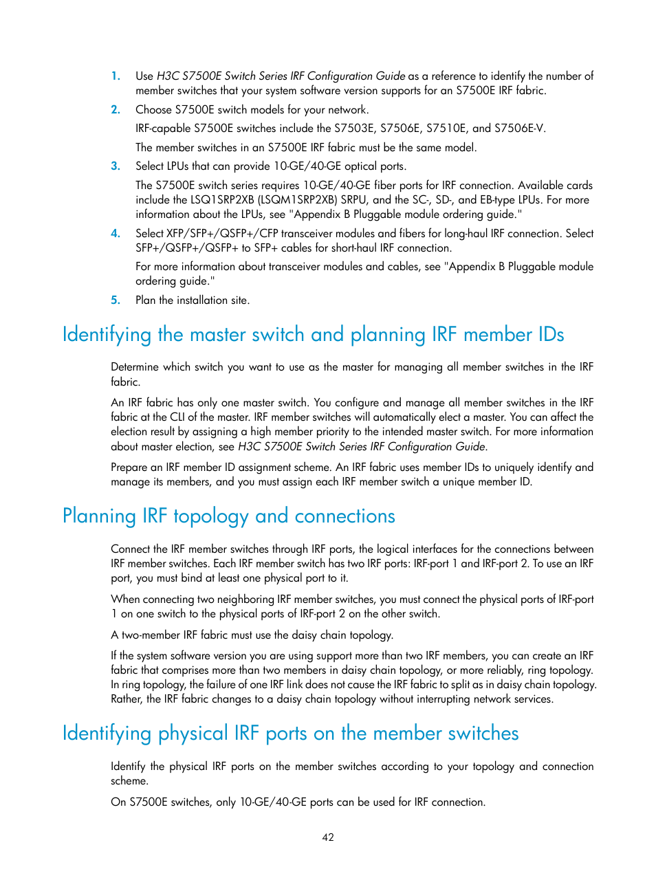 Planning irf topology and connections | H3C Technologies H3C S7500E Series Switches User Manual | Page 53 / 165