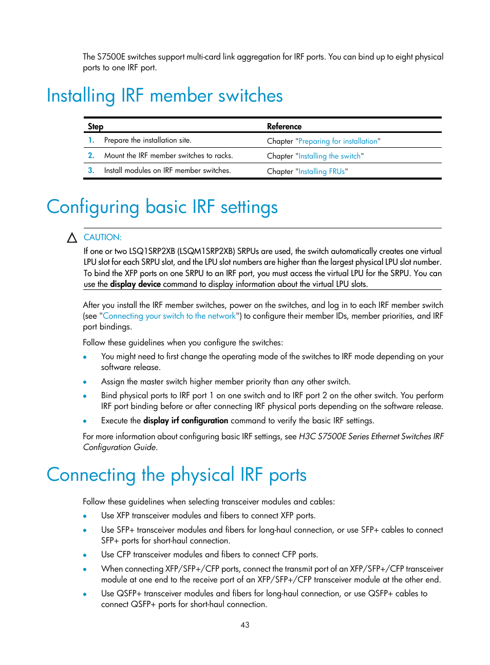 Installing irf member switches, Configuring basic irf settings, Connecting the physical irf ports | H3C Technologies H3C S7500E Series Switches User Manual | Page 54 / 165