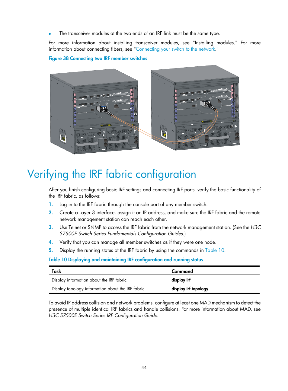 Verifying the irf fabric configuration | H3C Technologies H3C S7500E Series Switches User Manual | Page 55 / 165