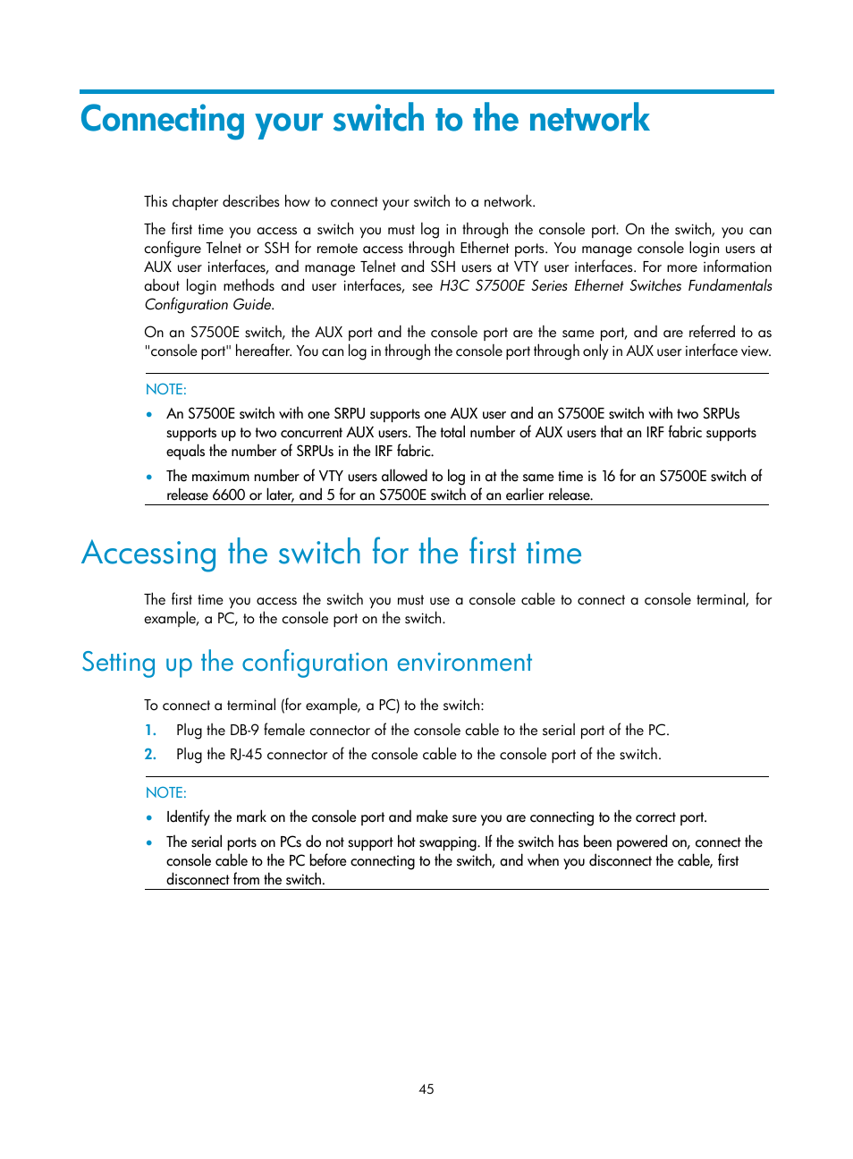 Connecting your switch to the network, Accessing the switch for the first time, Setting up the configuration environment | Connecting your switch to the, Network | H3C Technologies H3C S7500E Series Switches User Manual | Page 56 / 165