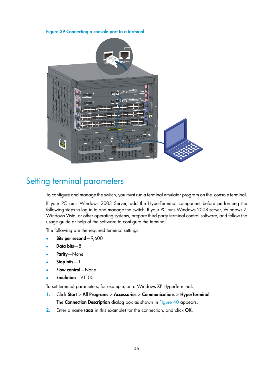 Setting terminal parameters | H3C Technologies H3C S7500E Series Switches User Manual | Page 57 / 165