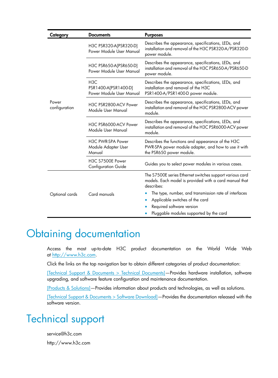 Obtaining documentation, Technical support | H3C Technologies H3C S7500E Series Switches User Manual | Page 6 / 165