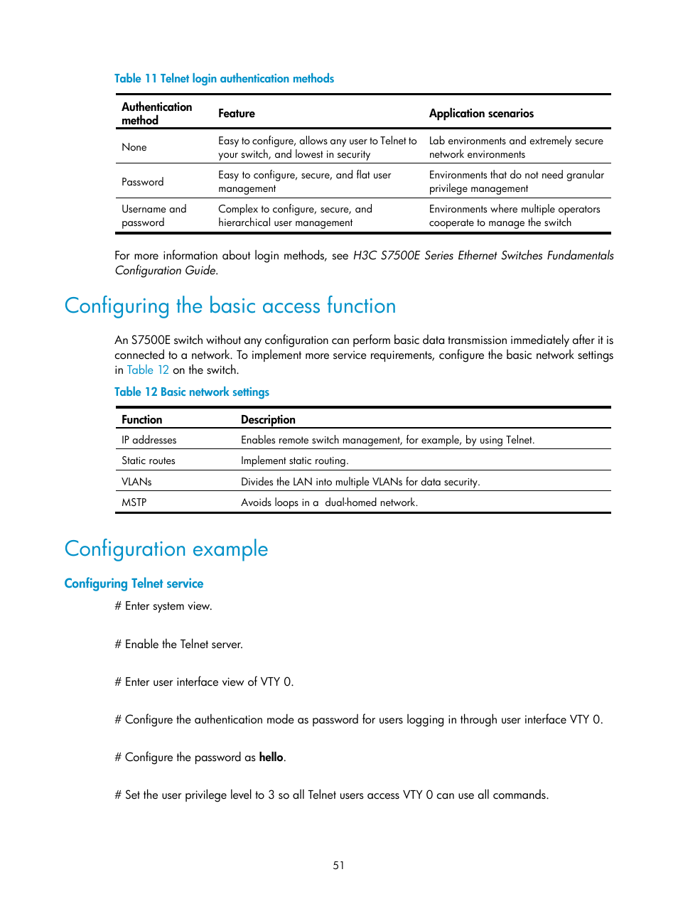 Configuring the basic access function, Configuration example, Configuring telnet service | H3C Technologies H3C S7500E Series Switches User Manual | Page 62 / 165