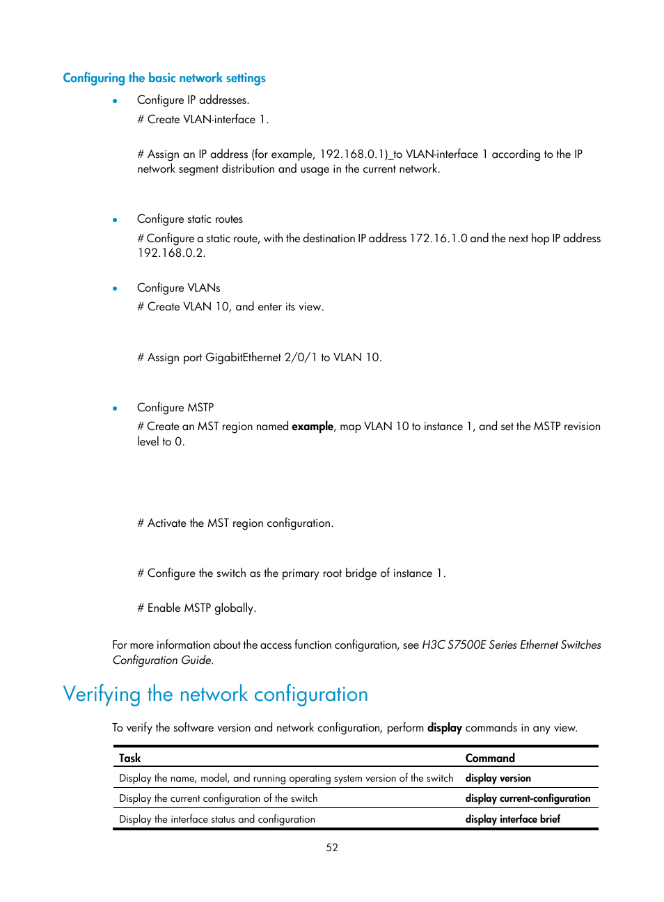 Configuring the basic network settings, Verifying the network configuration | H3C Technologies H3C S7500E Series Switches User Manual | Page 63 / 165