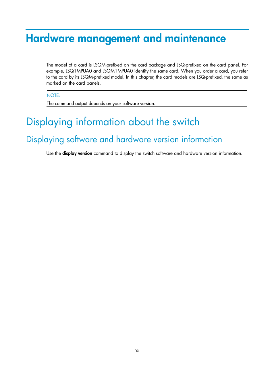 Hardware management and maintenance, Displaying information about the switch, N, see | H3C Technologies H3C S7500E Series Switches User Manual | Page 66 / 165