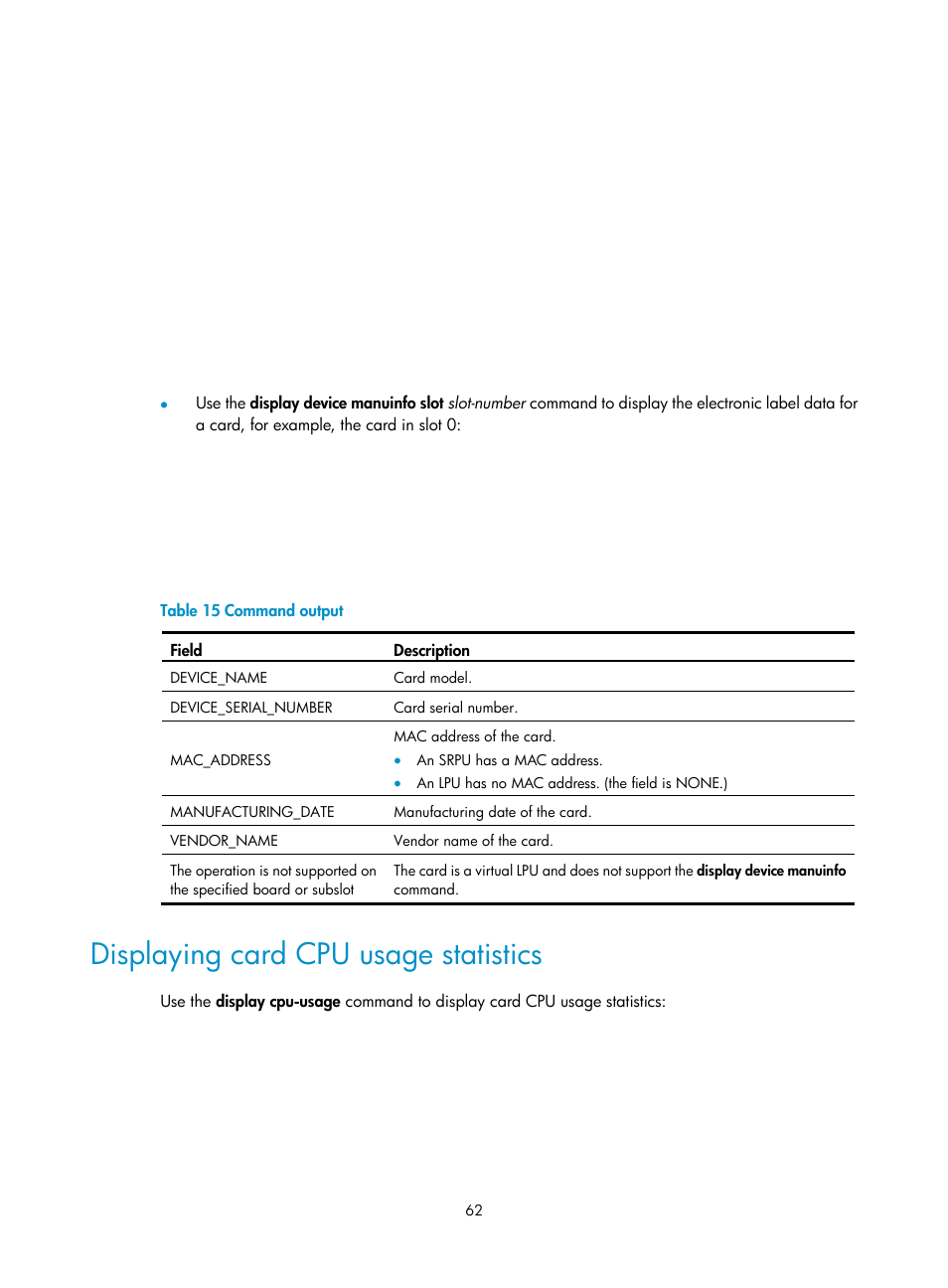 Displaying card cpu usage statistics | H3C Technologies H3C S7500E Series Switches User Manual | Page 73 / 165