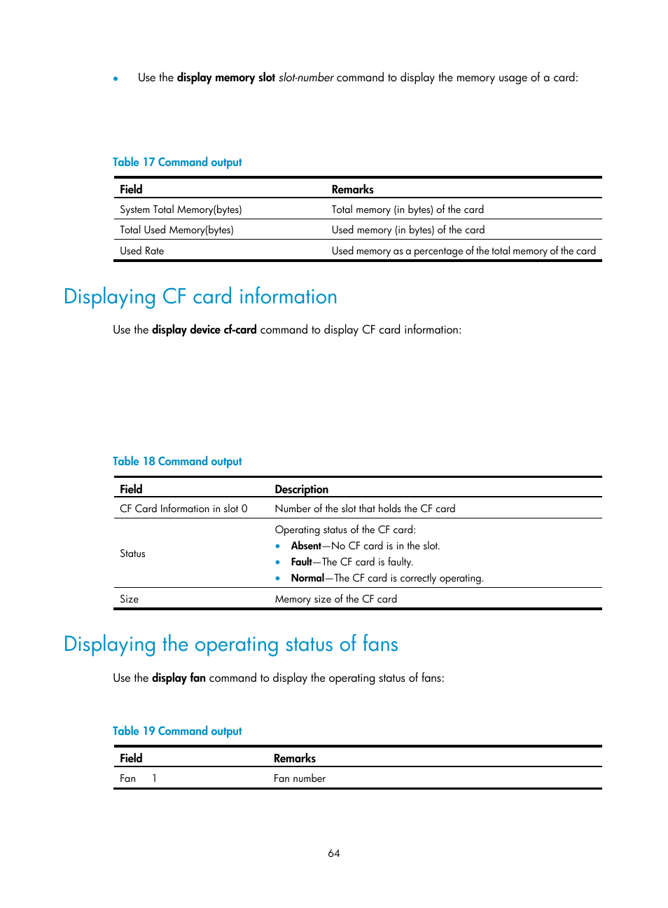 Displaying cf card information, Displaying the operating status of fans | H3C Technologies H3C S7500E Series Switches User Manual | Page 75 / 165