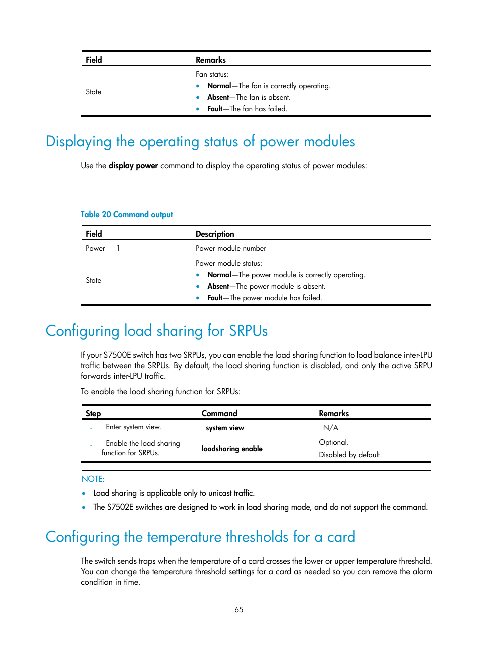 Displaying the operating status of power modules, Configuring load sharing for srpus, Configuring the temperature thresholds for a card | H3C Technologies H3C S7500E Series Switches User Manual | Page 76 / 165